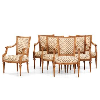 Six Gustavian late 18th century armchairs by Johan Lindgren, master in Stockholm 1770-1800.