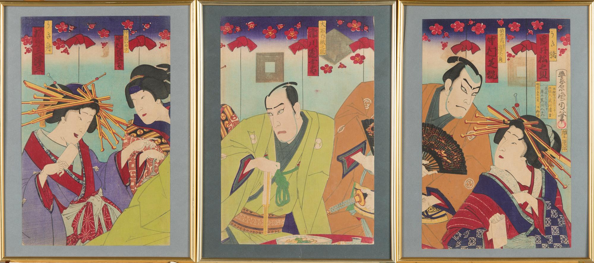 Toyohara Kunichika, triptych, woodcut, Japan.