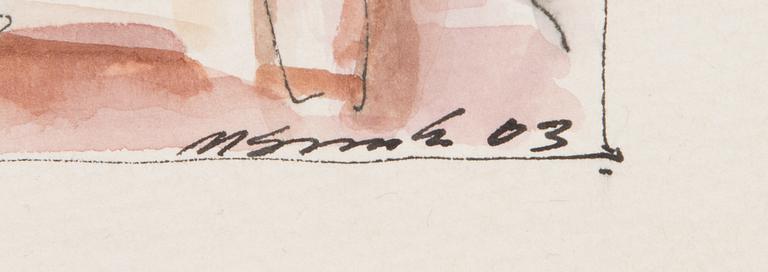 Markku Susimäki, vesiväri paperille, kiinnitetty levylle, signeerattu ja päivätty -03.
