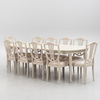 A Gustavian Style Dining Table and 10 Chairs, second half of the 20th Century.