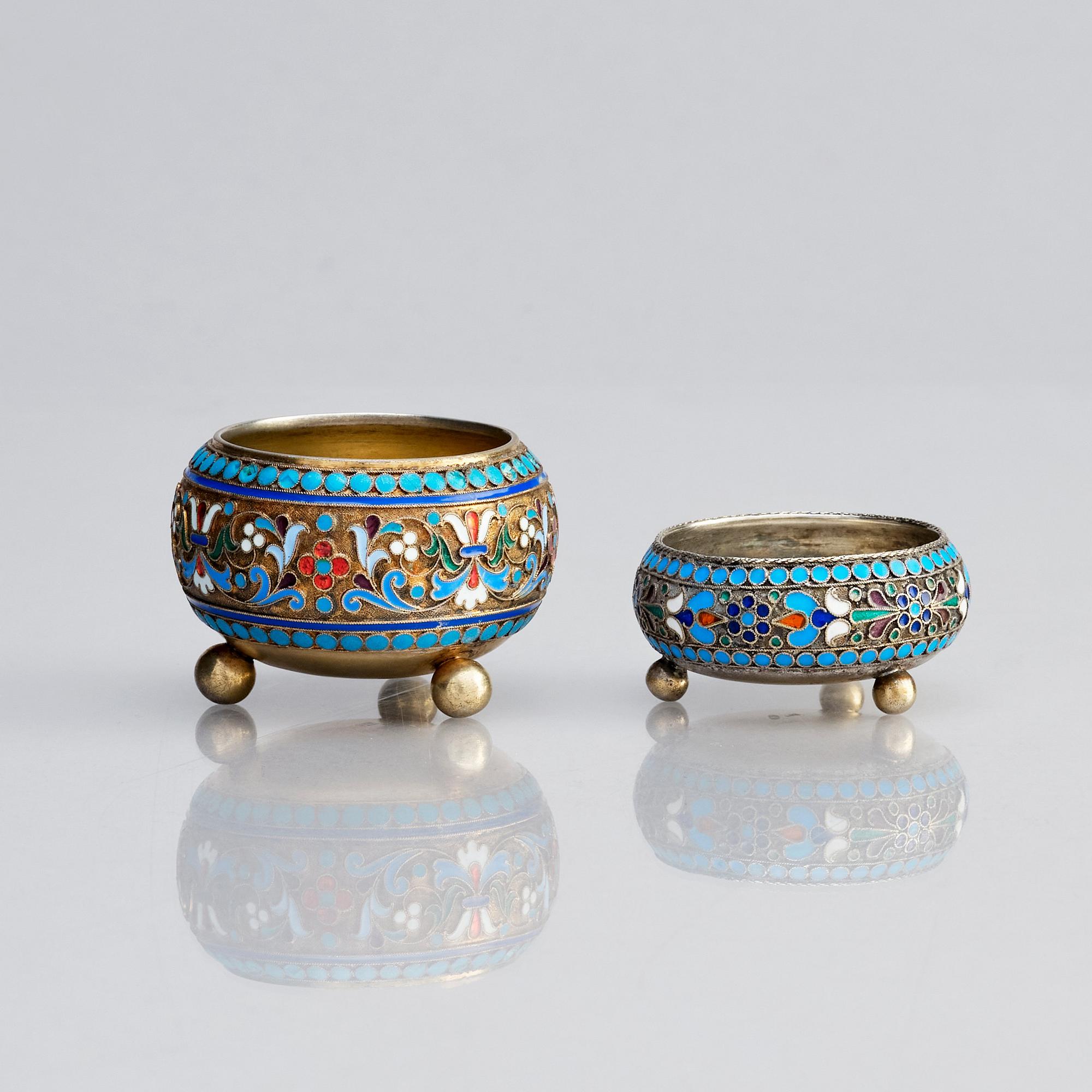 Two Russian spice/salt-cellars, parcel-gilt silver and enamel, mark of Ivan Saltykov and Ivan Sergeyevich Lebedkin.