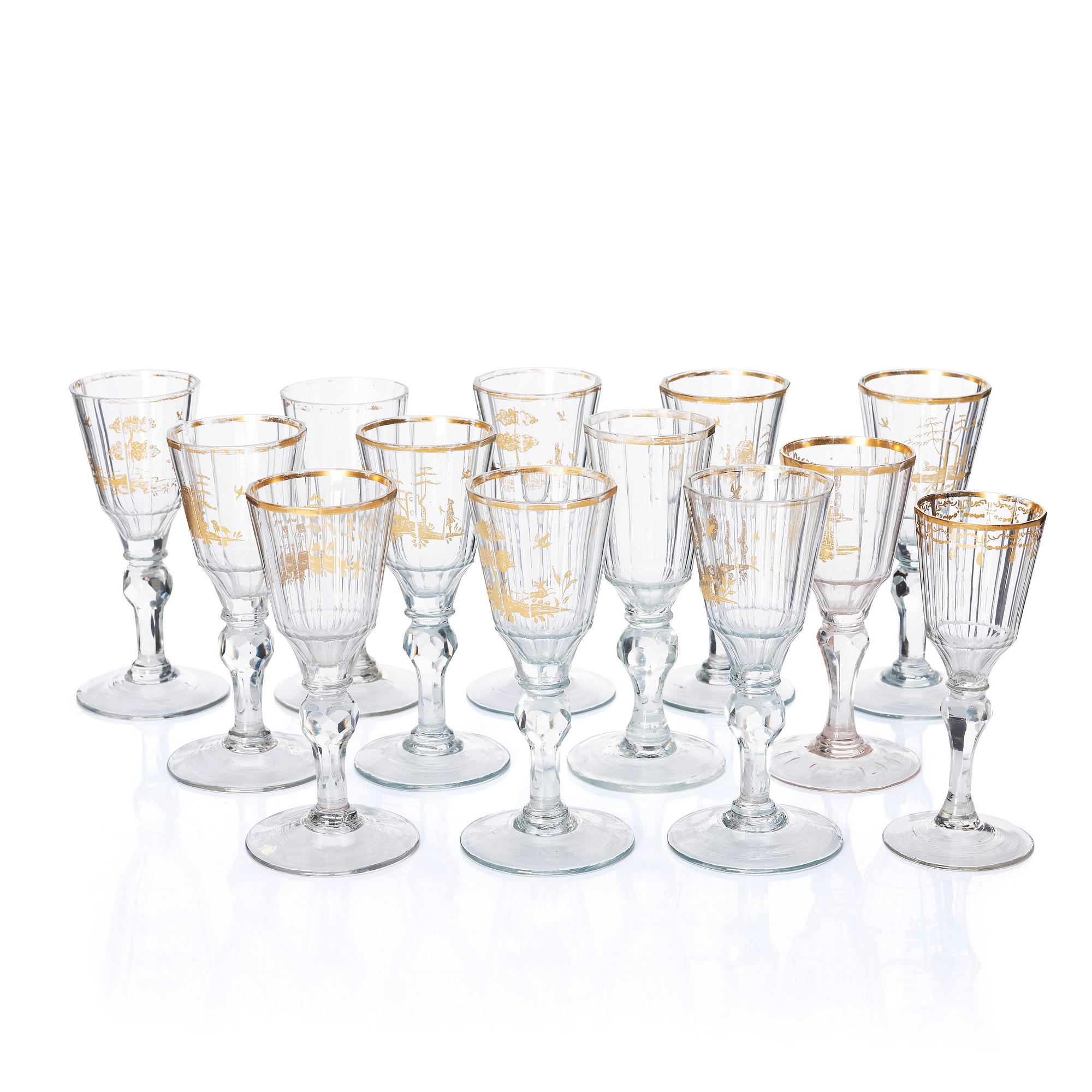A group of 13 French/German wine glasses, late 18th Century.