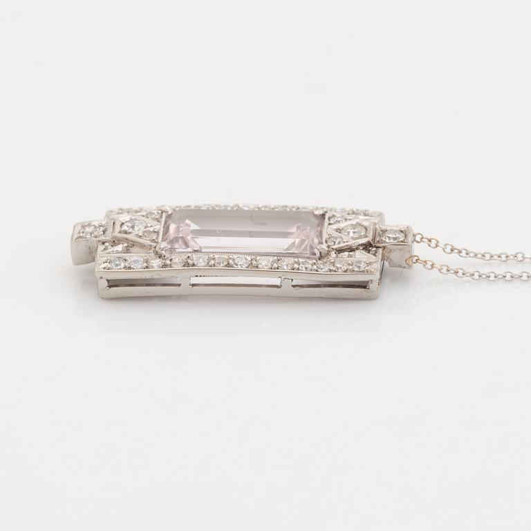 White gold, morganite and eight cut diamond necklace.