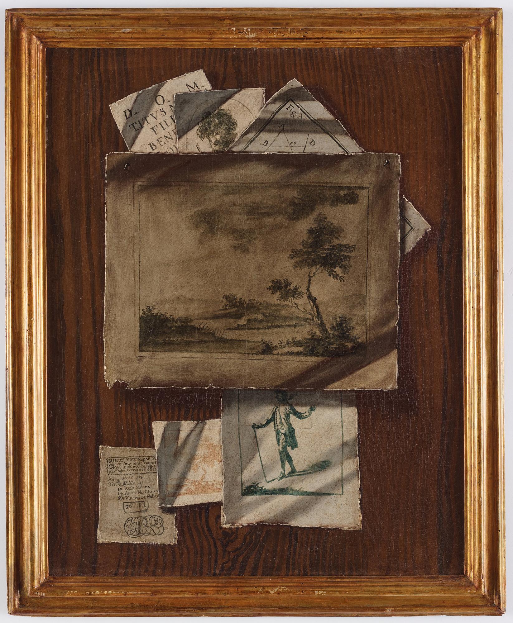 Sebastiano Lazarri Tillskrivna, Trompe l'oeil med teckningar och spelkort, ett par.