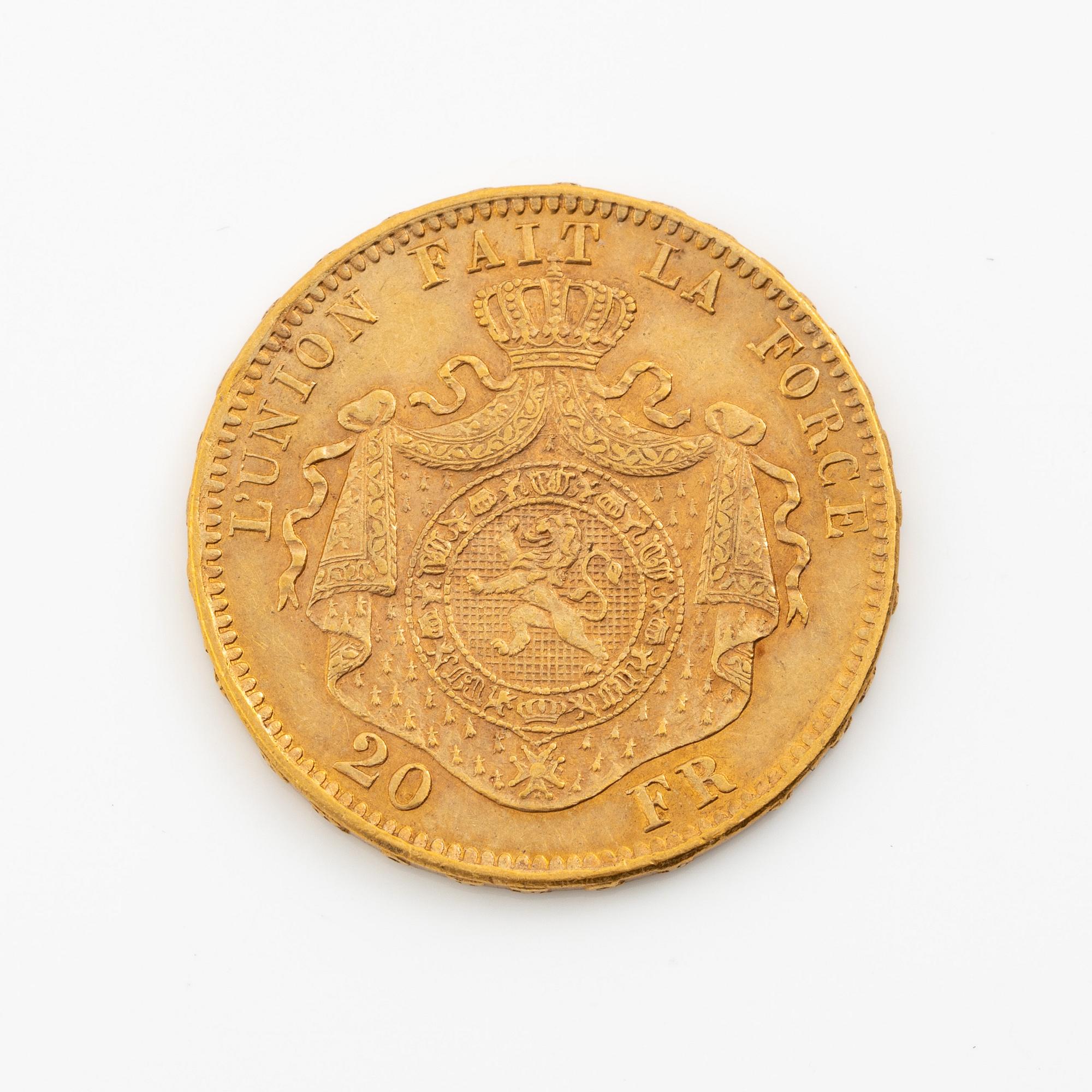 Gold coin, Belgium, Leopold II, 20 Franc, 1874.