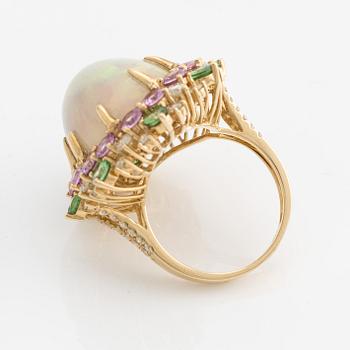 Ring, cocktailring, med opal, rosa safirer, tsavoriter och briljantslipade diamanter.