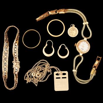 PARTI GULD, 8 delar. Totalvikt 18k 16,4g, 23k 11,7g.