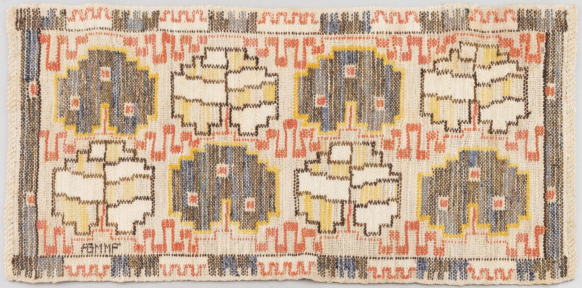 Märta Måås-Fjetterström, 'Grodblad blå', tapestry on linen foundation, c. 75 x 38 cm, signed AB MMF.