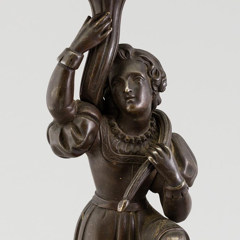 A pair of late 19th century patinated brass candelabra.