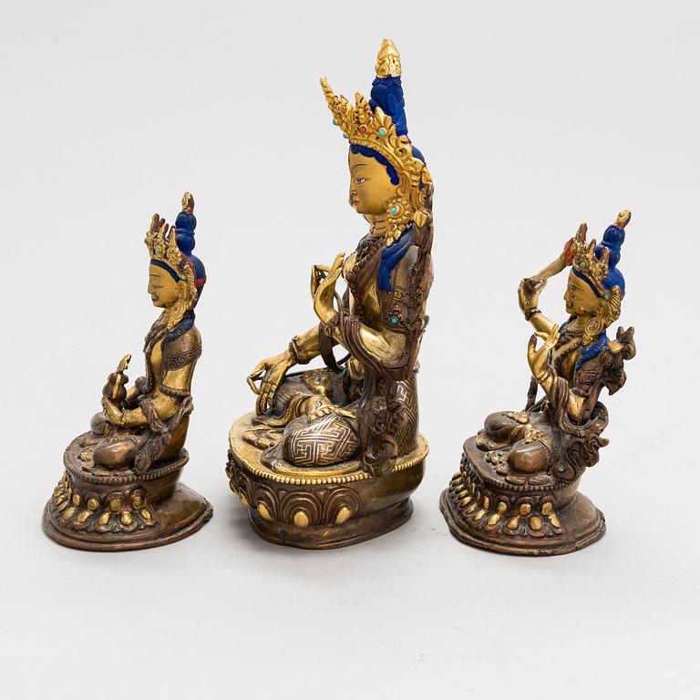 Buddha sculptures, 3 pcs, bronze, Tibetan Chinese, 20th century.