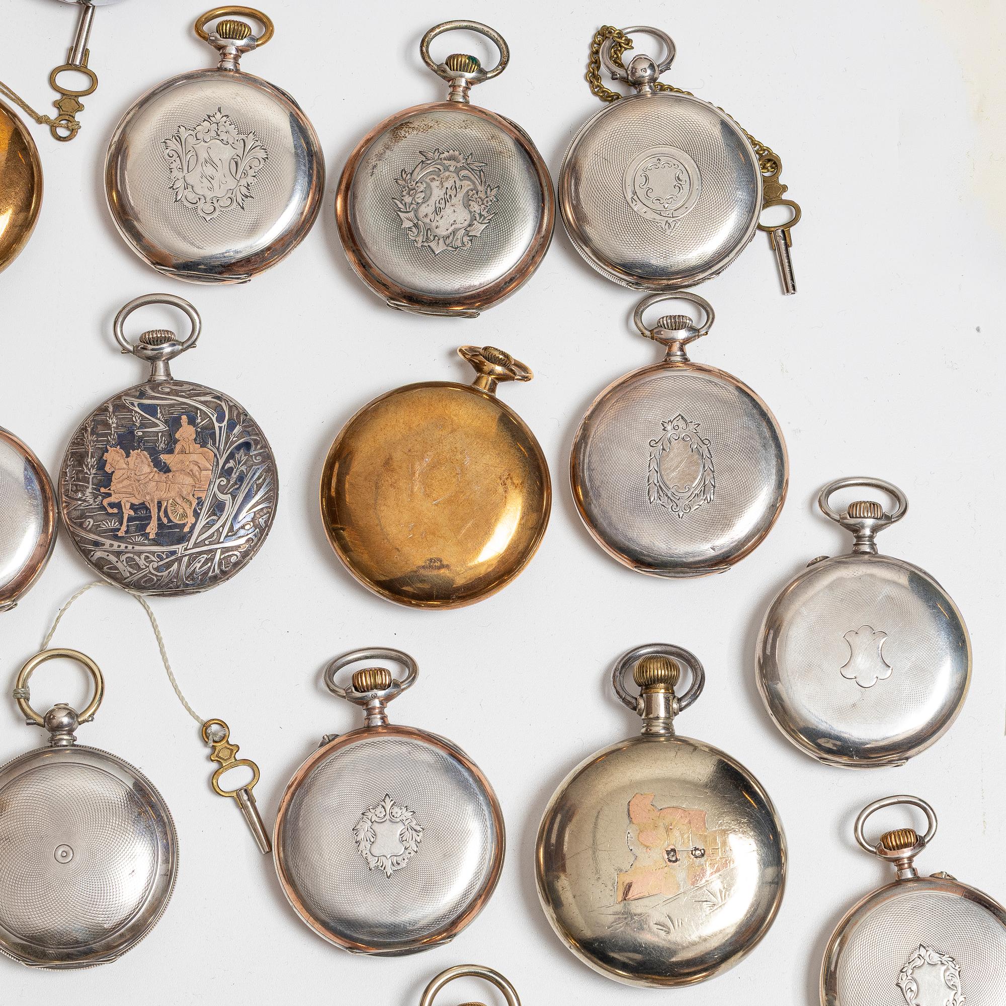 Collection of pocket watches, 63 pieces, "No reserve", various materials.
