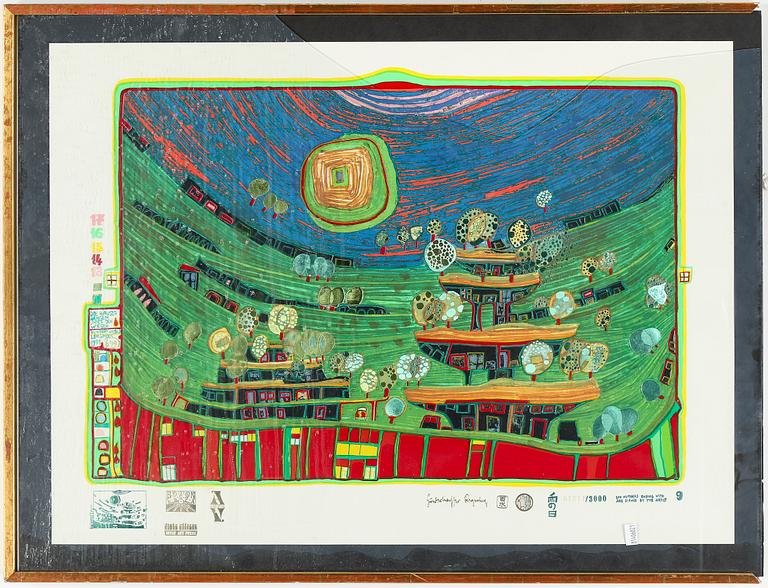 FRIEDENSREICH HUNDERTWASSER, färgseriegrafi, stämpelsignerad och stämpelnumrerad 01541/3000.