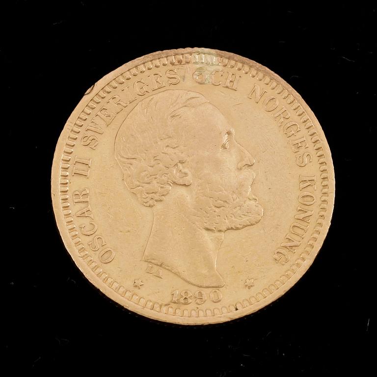 GULDMYNT, 20 Kronor, Oscar II, Sverige-Norge 1890. Vikt ca 8 gram.