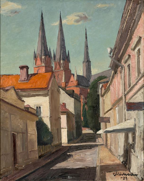 Ellis Wallin, Vy mot Uppsala domkyrka från Trädgårdsgatan.