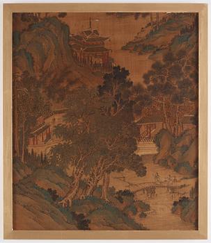 Bergslandskap med pagoder och figurstaffage invid flod.