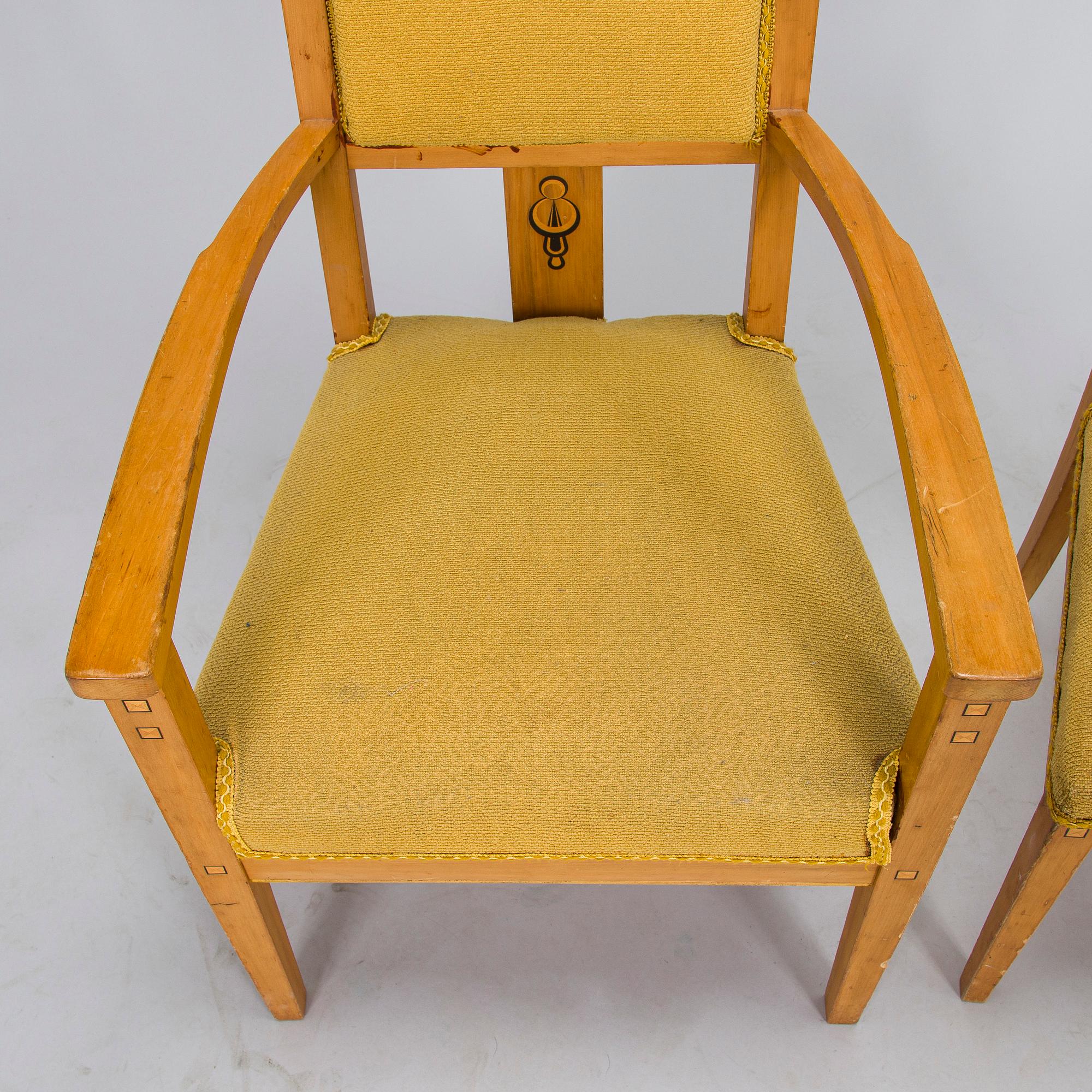 Fåtöljer, ett par och stolar, 4 st, tidigt 1900-tal.