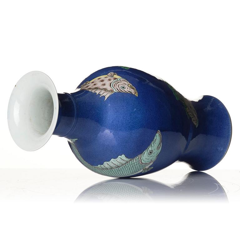 A powder blue and enamelled 'fish' vase, late Qing dynasty.