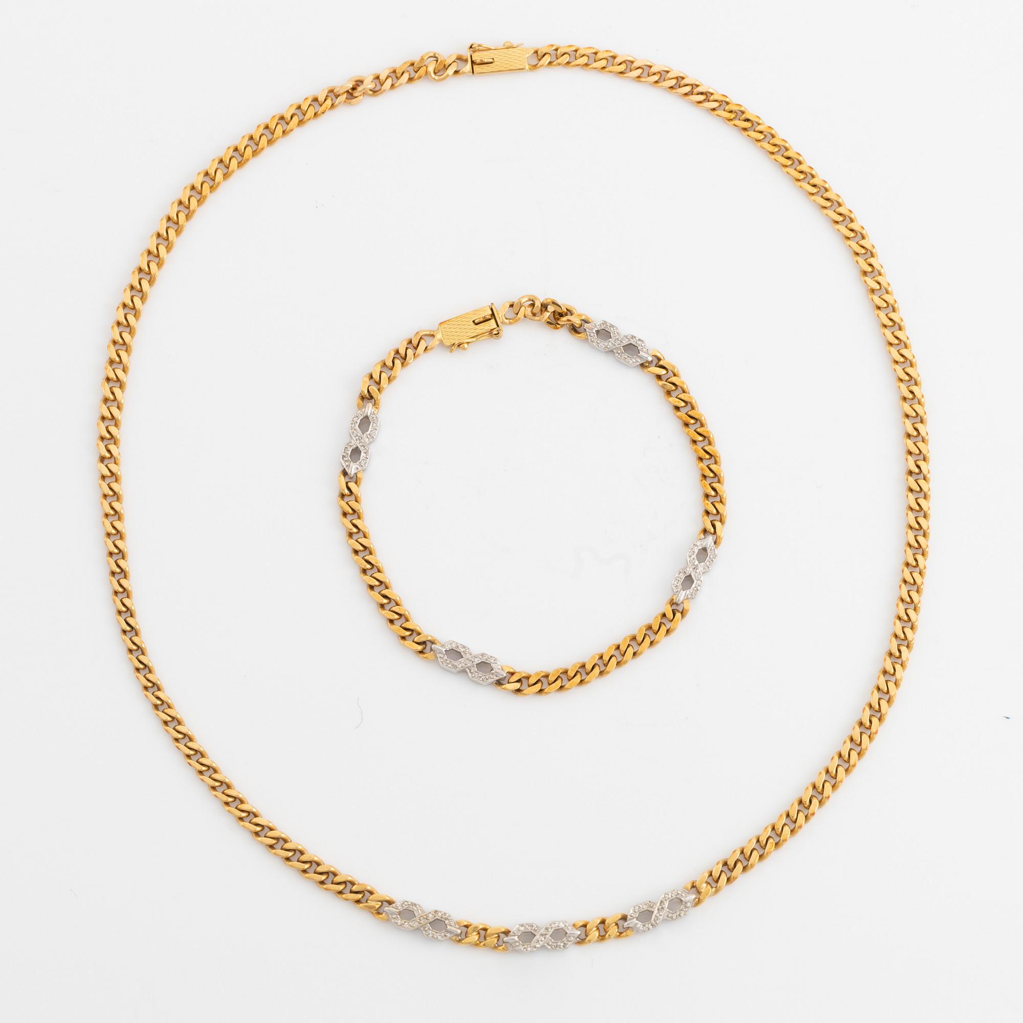 18K gold and small eight cut diamond necklace and bracelet.