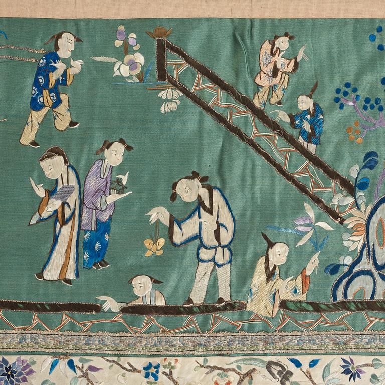 Two embroidered silk panels, late Qing dynasty.