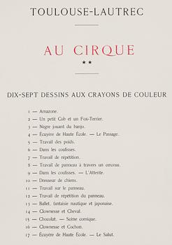 HENRI DE TOULOUSE-LAUTREC, efter, mapp med 17 st litografier, "Au Cirque", Librarie de France, 1900-tal.