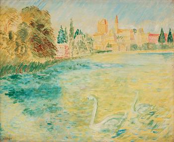 593. Sigrid Hjertén, Cityscape with swans in the lake.