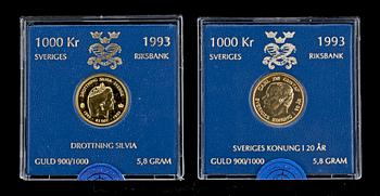 JUBILEUMSMYNT 1000 KR, 2 st, guld, "Drottning Silvia" resp "Sveriges Konung i 20 år", 1993. Totalvikt ca 11,6 gram.