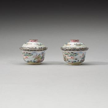 A pair of copper on enaml cups with covers, Qing dynasty, 18th Century.