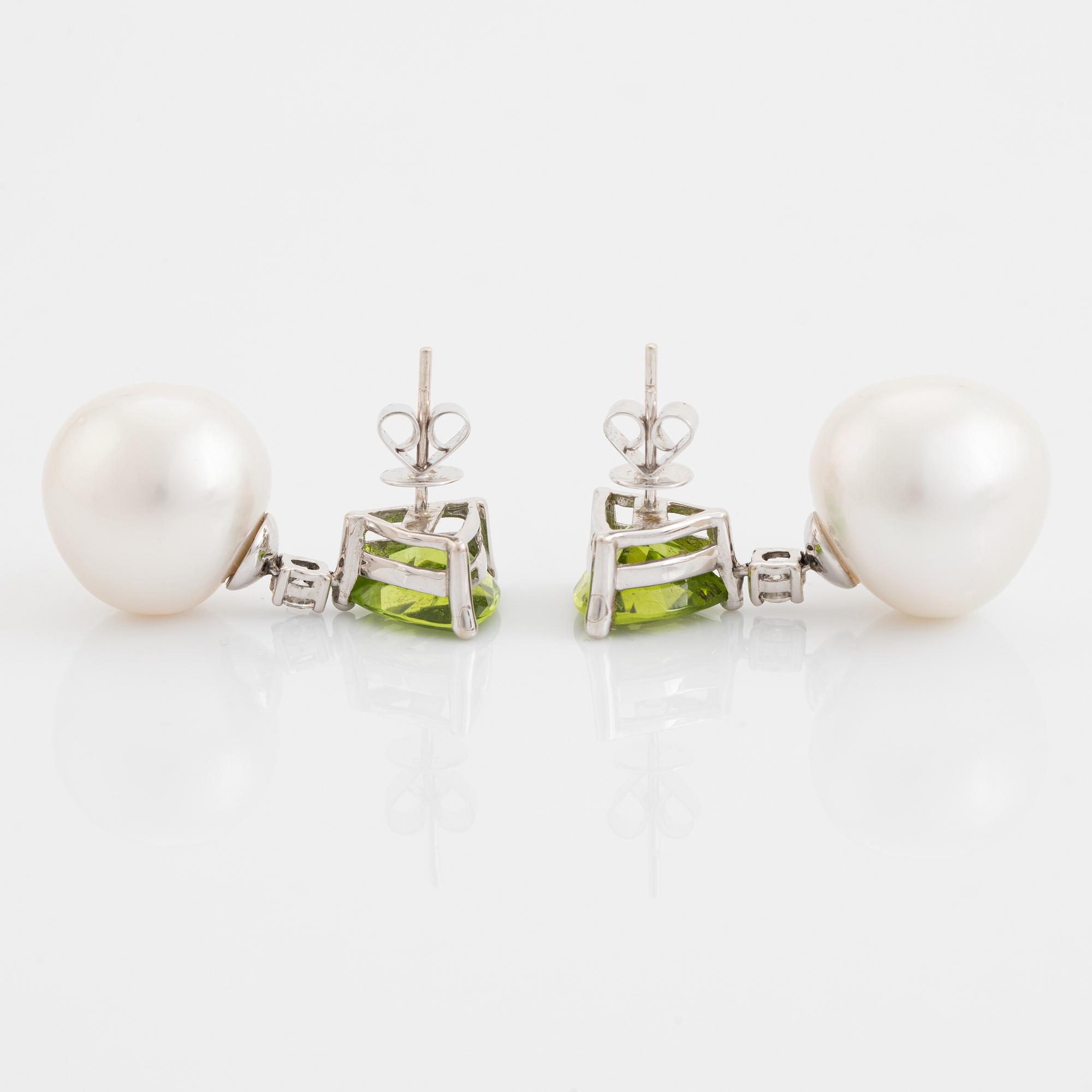 South sea pearl, peridot and brilliant cut diamond earrings.