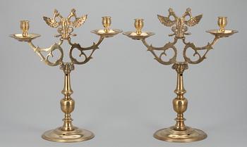 A PAIR OF TWO-LIGHT CANDELABRA.