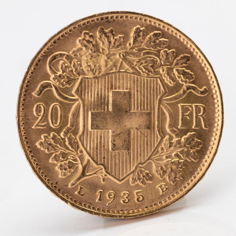 Gold coin, 21.6K, Helvetia 20 Francs, Switzerland, 1935.