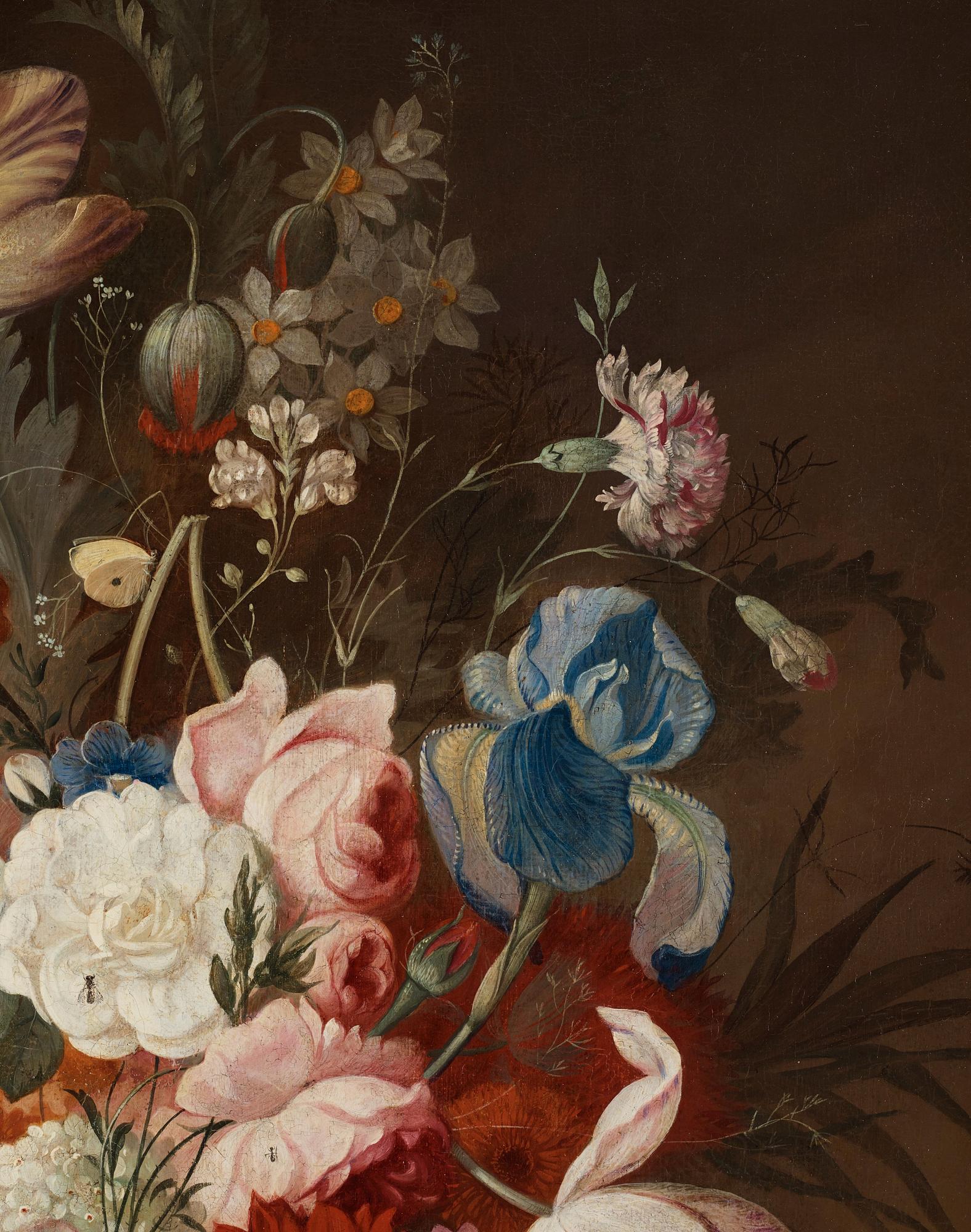 Jan van Os Tillskriven, Blomsterstilleben med gul fjäril och slända.