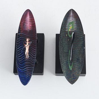 Bertil Vallien, a pair of glass boat sculptures, Kosta Boda, Sweden.