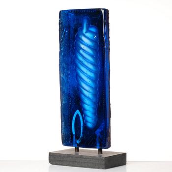 Bertil Vallien, a blue sand cast and polished glass sculpture, Kosta Boda Sweden.