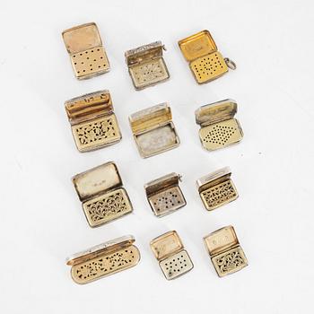 Boxes, 12 pcs, silver, miniature size, England, 19th Century.