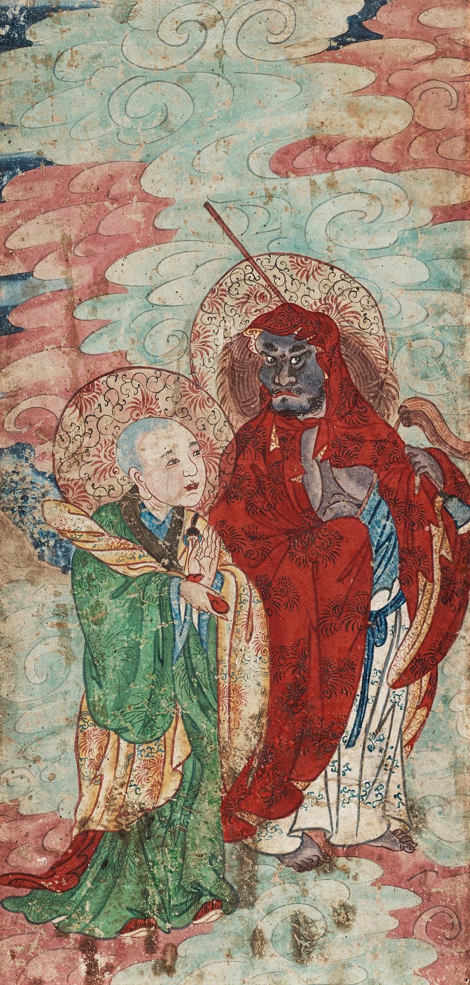 A group of 10 paintings of a Buddhist pantheon with Buddha, Arhats/Louhans and a guardian, Qing dynasty 18/19th Century.