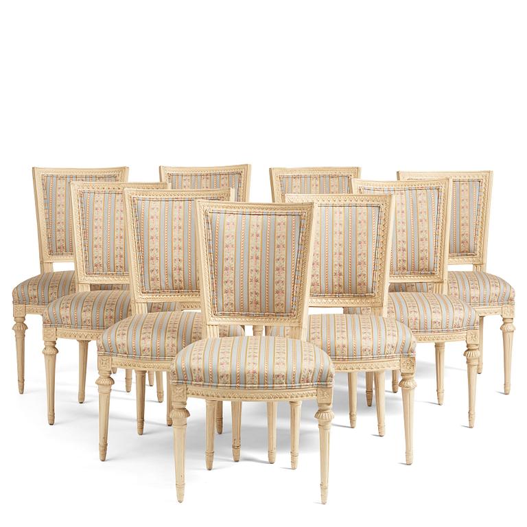 A set of nine Gustavian chairs by A Hellman (master in Stockholm 1761-94) and E Ståhl (master in Stockholm 1794-1820).