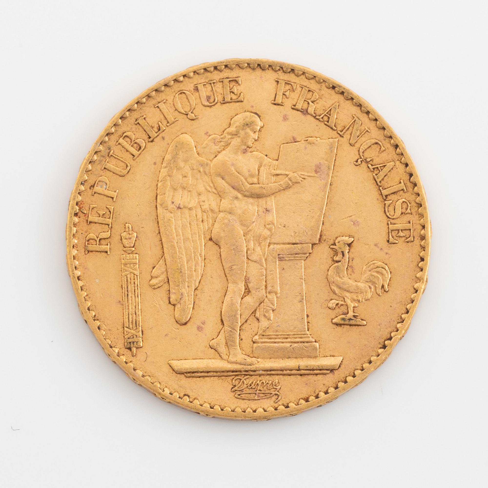 A French gold coin, 20 Francs, 1887.
