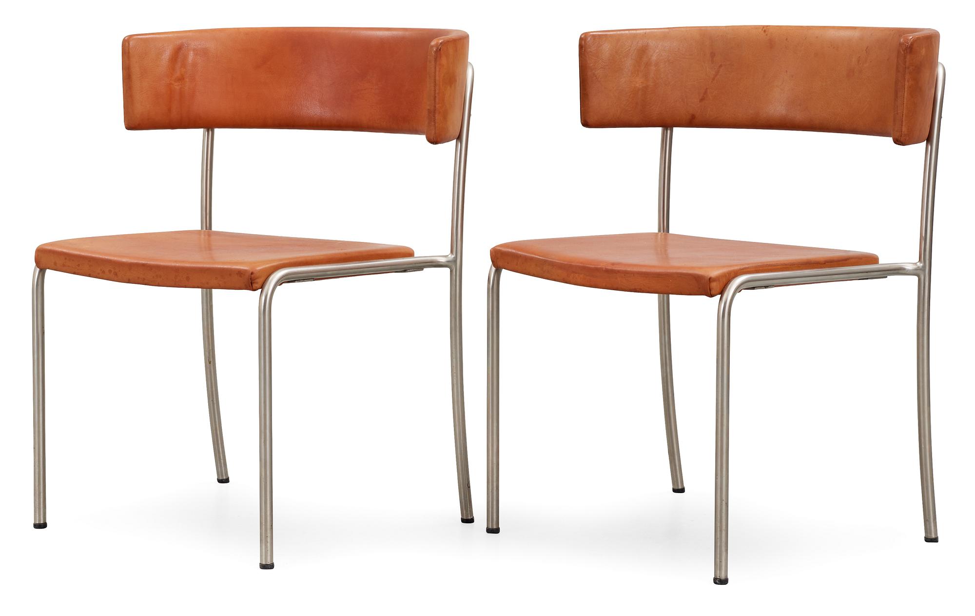 A pair of Erik Karlström steel and brown leather chairs,Stockholm ca 1965.