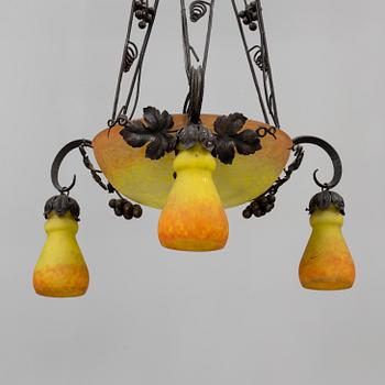 A Muller Croismare glass and metal ceiling lamp, Nancy, first half of 20th Century.