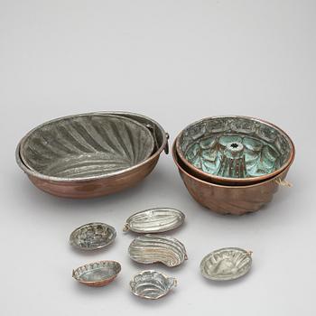 ALADÅBFORMAR OCH FORMAR, 10st, koppar, 1800-1900-tal.