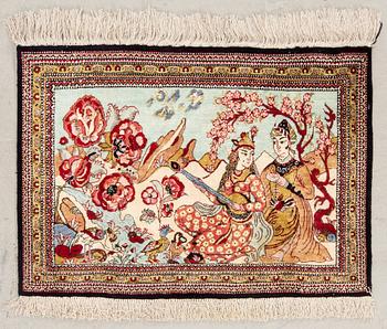 Oriental figural silk rug, approximately 57x79 cm.
