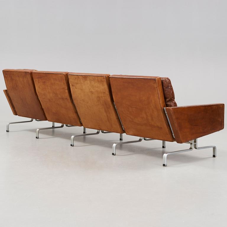 Poul Kjaerholm, a 'PK-31-4' four-seated brown leather and steel sofa, E Kold Christensen, Denmark 1960's.