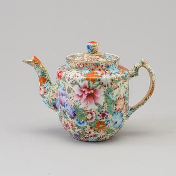 A Chinese famille rose 'mille fiori' porcelain teapot with cover, 20th century.