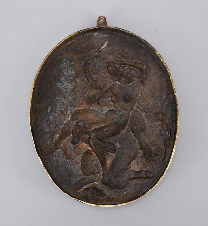 CLAUDE MICHEL CLODION, hans art. Medaljong. Mörkpatinerad brons, oval 26,5 x 21,5 cm.