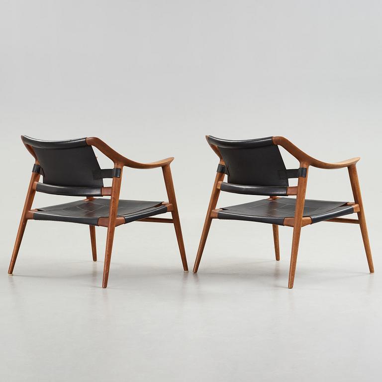 Adolf Relling & Sigurd Resell, a pair of teak and leather "56/2 Bambi-series armchairs, Norway 1950-60's,