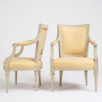 A matched pair of Gustavian armchairs, one signed by Johan Lindgren Stockholm.