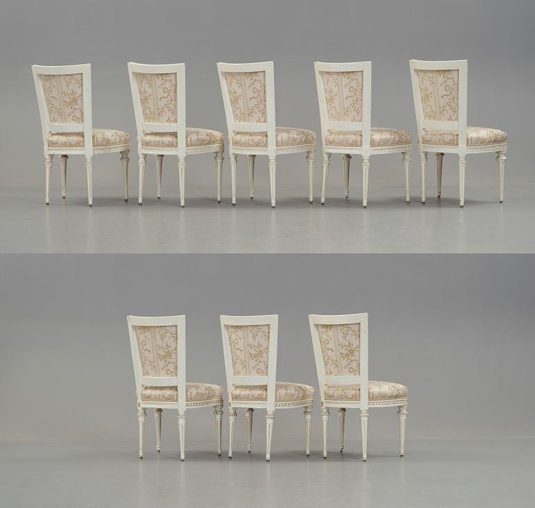 Eight (5+3) matched Gustavian late 18th century chairs.