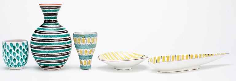 Three Stig Lindberg faience vases and two dishes, Gustavsberg studio 1940's-50's.
