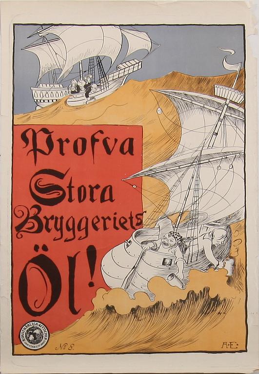 AFFISCHER, 2 st, "Stora Bryggeriet" bla efter Östberg, Stockholm 1910-20-tal.