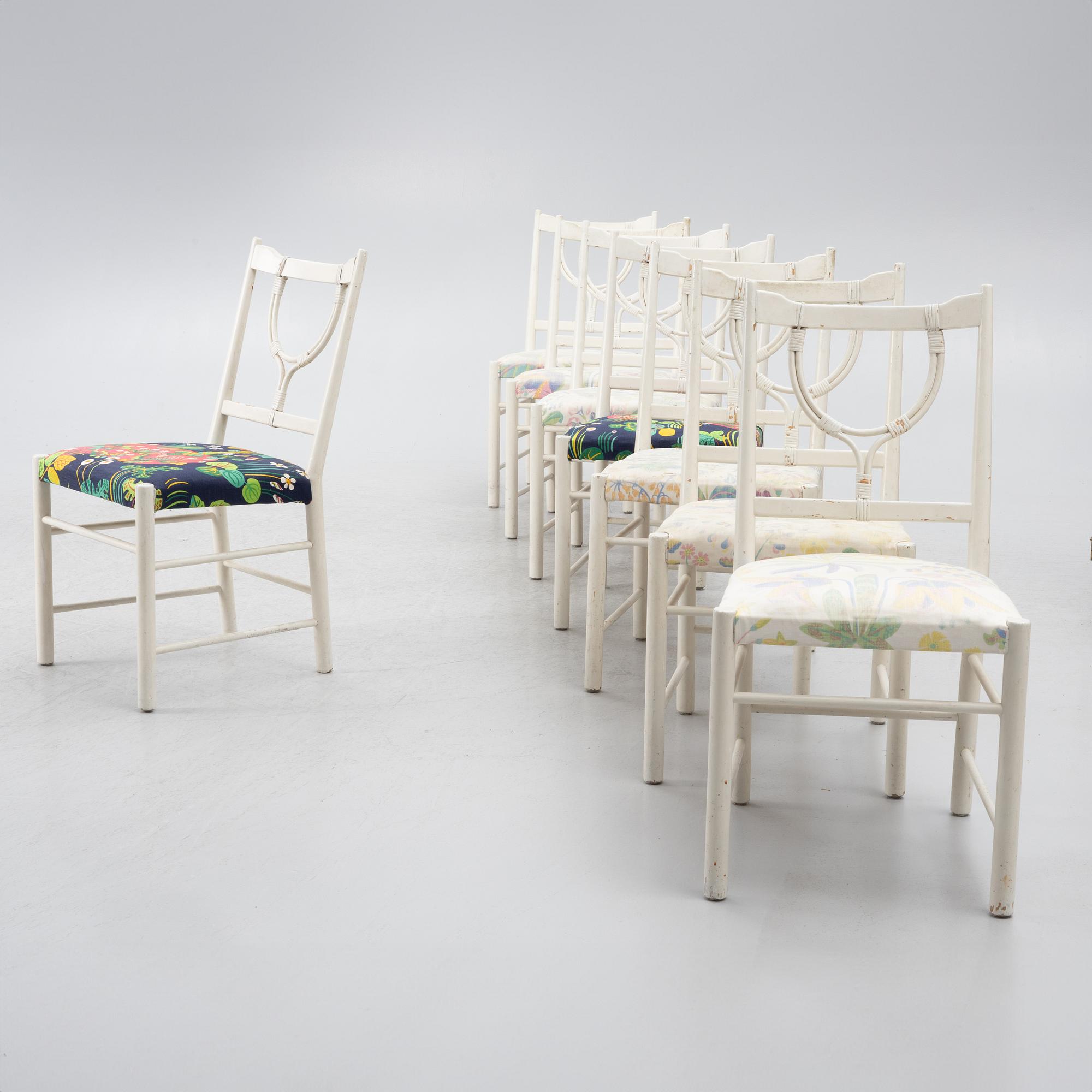 Josef Frank, a set of eight dining chairs, model B2238, Svenskt Tenn. second half of the 20th century.